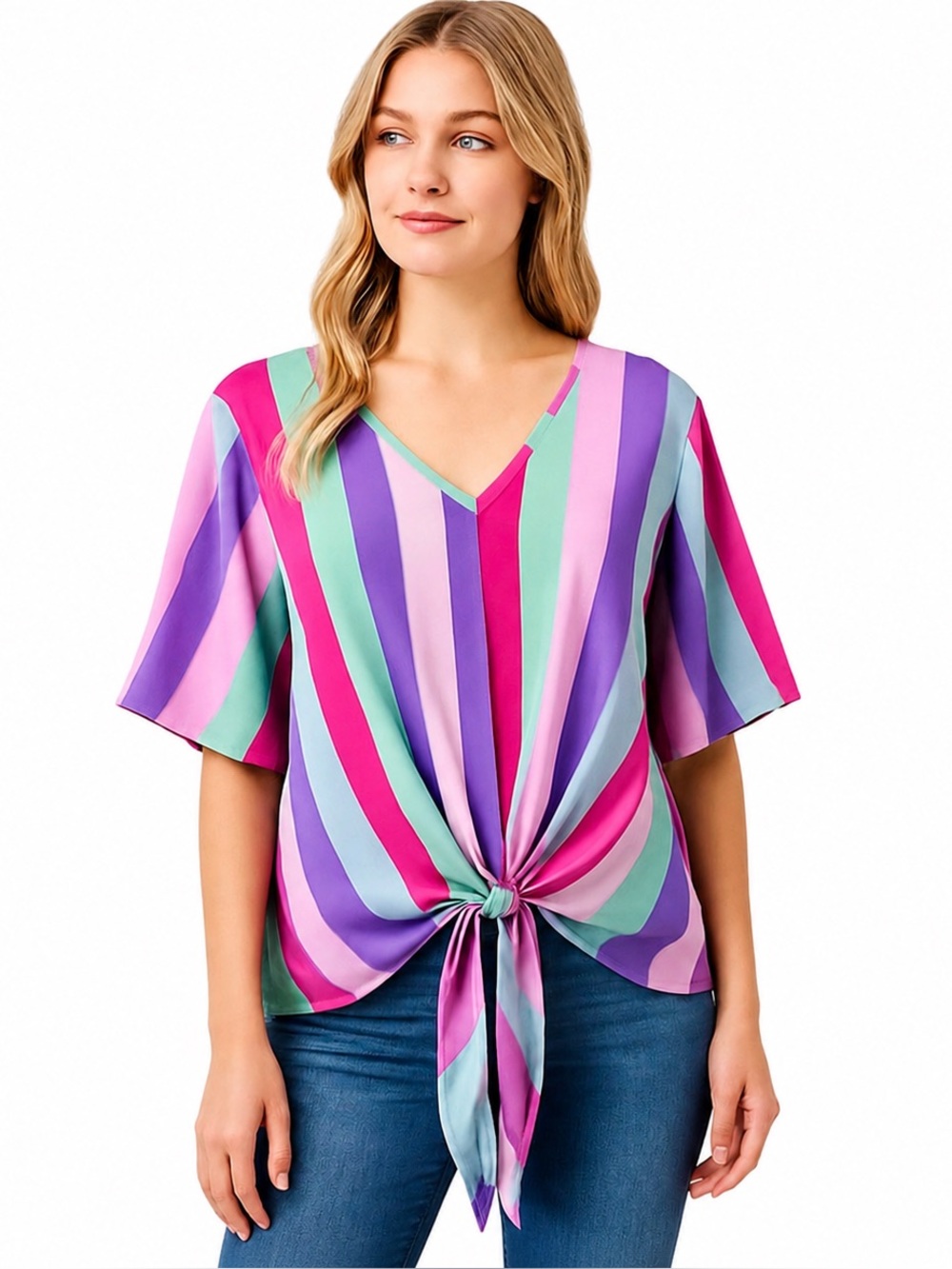 BiBi Colorful Striped Tie Front Tunic Top V Neck Flutter Sleeve Large